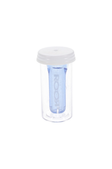 RooR Plus 10 mm colored glass rolling tip sealed in clear vial with white cap, single-unit retail packaging for head-shop counters, front view