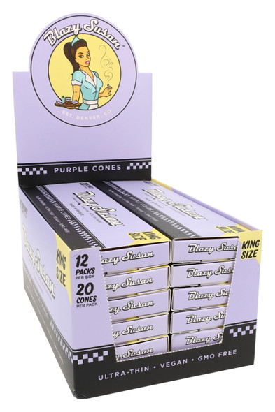 Blazy Susan King Size purple cones wholesale display; 12 slide boxes, 20 per box, front-left merchandising angle.