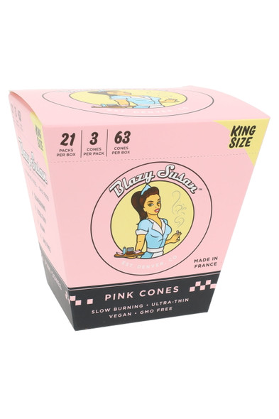 Blazy Susan pink King Size cones 21-pack retail display, 3 cones per pack (63 total), made in France; wholesale counter-ready, left-angle view.