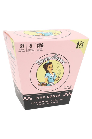 Blazy Susan 1 ¼ pink cones wholesale display, 21 six-packs (126 total), three-quarter view with “Made in France” badge on carton.