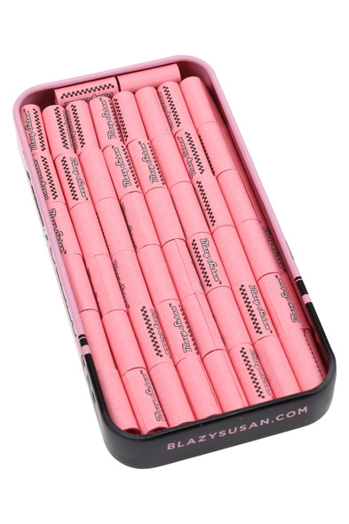 wholesale Blazy Susan pre-rolled filter tips, 100-count pink paper tips in reusable metal tin, close-up angled view.