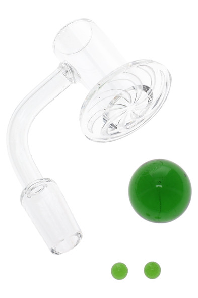 14.5 mm male quartz terp slurper banger with green marble and two 6 mm beads, wholesale dab accessory, overhead studio view on white.