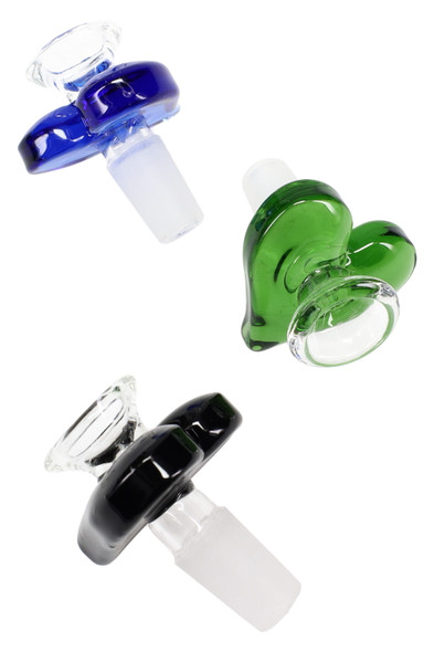 Three 14.5 mm male glass bowls with blue, green, and black heart accents; wholesale head-shop part, clear funnel cups, white background, angled view.