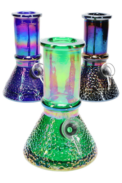 Wholesale soft-glass beaker pipes, 5.5 in, rainbow metallic textured bases with grip ring, assorted trio front view.