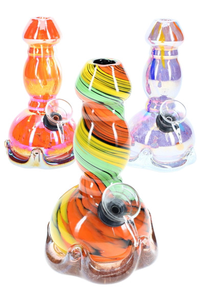 Wholesale 5.5-inch soft glass water pipes with metallic bubble bases and multicolor swirl bodies, front trio view for retail smoke-gear buyers.