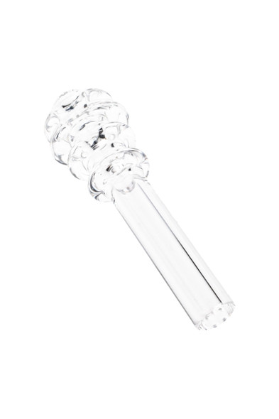 Clear quartz straw tip for smoke-shop replacement sales, cylindrical nozzle with ribbed intake head, isolated on white at slight angle. Clear quartz straw tip for smoke-shop replacement sales, cylindrical nozzle with ribbed intake head, isolated on white at slight angle.