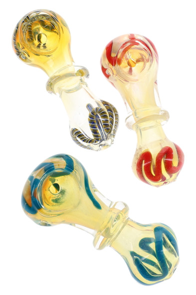 Wholesale 3.5-inch color-changing glass spoon pipe with ring accent, squiggle stripes, assorted amber blue red, angled view.