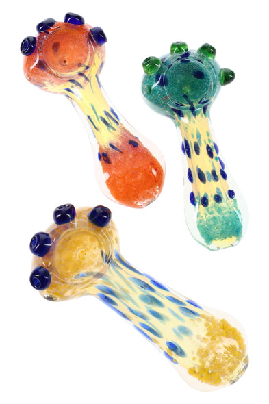 Wholesale dotted frit glass spoon pipe, 3.5-inch color-changing hand pipe shown in assorted hues on white background