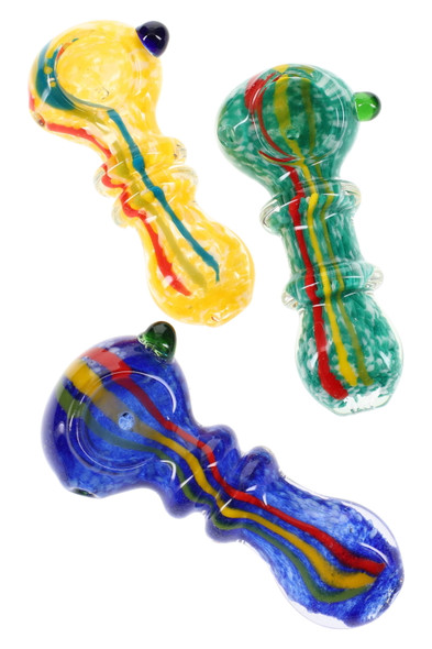 Wholesale 3.5-inch rasta stripe frit glass spoon pipe, yellow green blue variants with rings, top view on white background