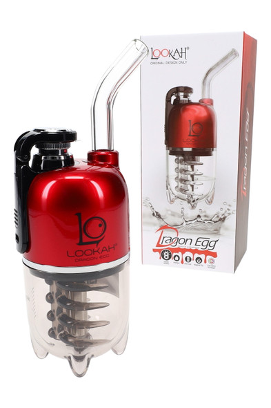 Metallic red Dragon Egg e-rig with clear bottom chamber and retail packaging; compact 950 mAh head-shop e-rig, angled display shot.