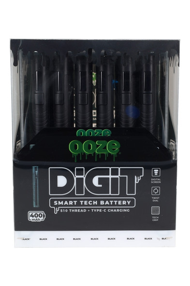 Panther Black Ooze Digit 24-count 510 battery display, matte black finish with digital screen icons, wholesale vape accessory, front view.