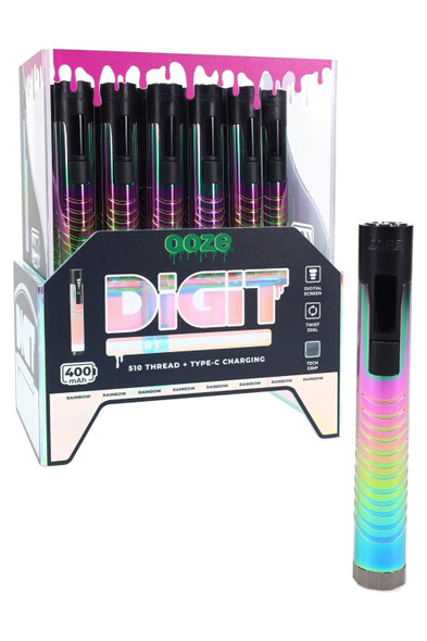 Rainbow Ooze Digit display with one 400 mAh pen shown, 510 thread and twist dial highlighted, smoke-shop wholesale angled product shot.