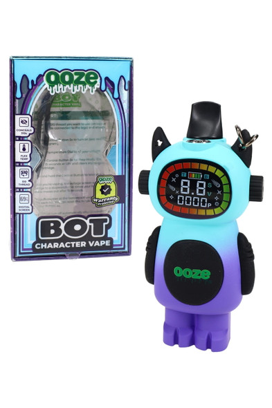 Moonrise gradient Ooze Bot character 510 battery shown beside retail box, digital screen face visible, angled product shot for head-shop wholesale. Moonrise gradient Ooze Bot character 510 battery shown beside retail box, digital screen face visible, angled product shot for head-shop wholesale.