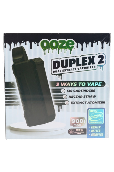 Panther Black Ooze Duplex 2 boxed vaporizer, “3 Ways to Vape” and 900 mAh badges visible; wholesale vaporizer packaging, clean front studio view. Panther Black Ooze Duplex 2 boxed vaporizer, “3 Ways to Vape” and 900 mAh badges visible; wholesale vaporizer packaging, clean front studio view.