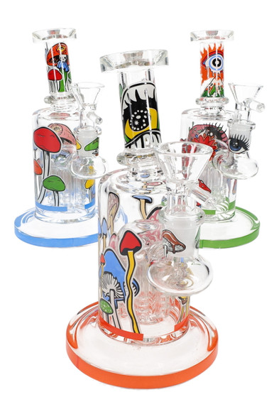 Glow-in-the-dark mushroom glass water pipe, 6.5", tree perc, assorted trims (orange, blue, green); front three-quarter angle for smoke shop buyers.