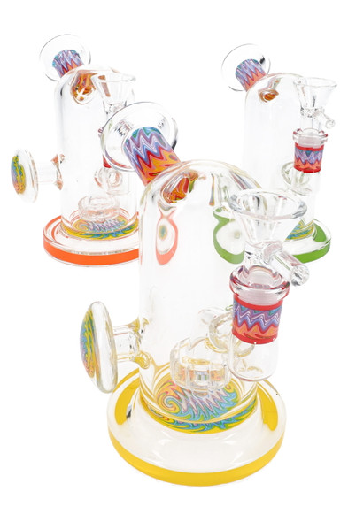 Trio of 5" stemless GoG mini water pipes with reverse rainbow sections and showerhead percs, assorted base colors; front three-quarter view for smoke shops. Trio of 5" stemless GoG mini water pipes with reverse rainbow sections and showerhead percs, assorted base colors; front three-quarter view for smoke shops.