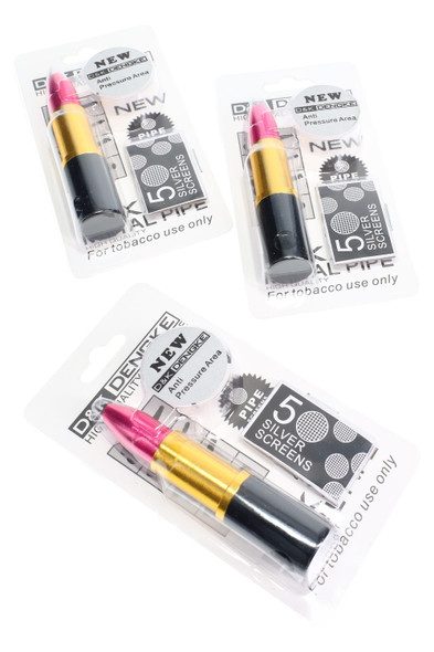 Blister-carded pink lipstick metal pipe with five silver screens, 3.25" compact size, retail-ready packaging for wholesale head-shop checkout displays.
