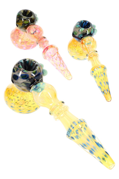 8.5-inch color-changing silver-fumed hammer bubblers with dotted bowls and ringed stems, assorted yellow and pink variants, angled top view for wholesale 8.5-inch color-changing silver-fumed hammer bubblers with dotted bowls and ringed stems, assorted yellow and pink variants, angled top view for wholesale