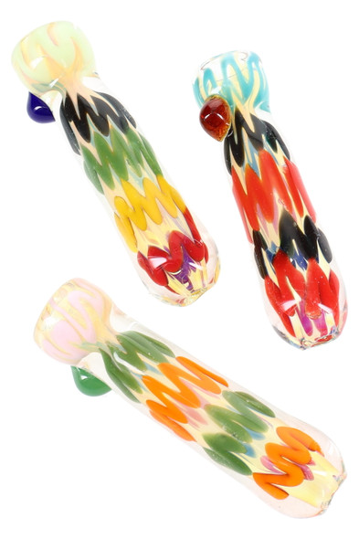 3" color-changing glass chillums with multicolor squiggle stripes and side marbles; angled top-down studio shot for wholesale head-shop catalogs.