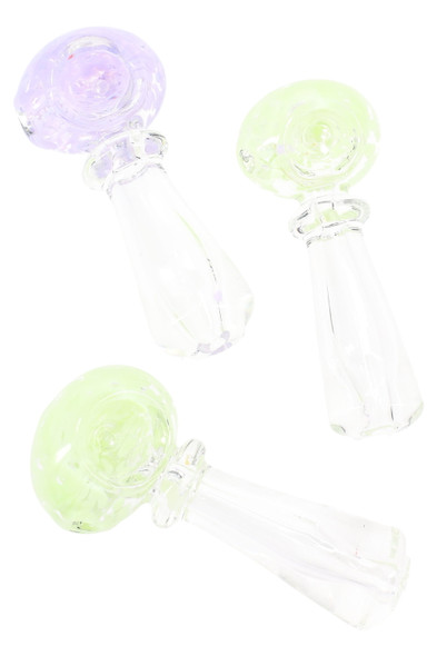 Top-angle trio of 3.5" clear glass spoon pipes with neon frit bowls—lavender and lime accents, ring grip at neck—wholesale hand pipe assortment on white. Top-angle trio of 3.5" clear glass spoon pipes with neon frit bowls—lavender and lime accents, ring grip at neck—wholesale hand pipe assortment on white.