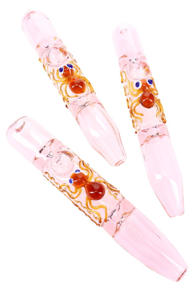 Trio of 7" pink glass steamrollers with sculpted critter wraps and clear marble accents, angled studio view for wholesale head-shop listings; colors may vary Trio of 7" pink glass steamrollers with sculpted critter wraps and clear marble accents, angled studio view for wholesale head-shop listings; colors may vary