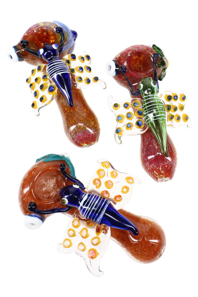 Trio of 5" silver-fumed frit butterfly spoons in assorted colors, top-down studio view showing dotted wings and sculpted bodies for wholesale listings Trio of 5" silver-fumed frit butterfly spoons in assorted colors, top-down studio view showing dotted wings and sculpted bodies for wholesale listings