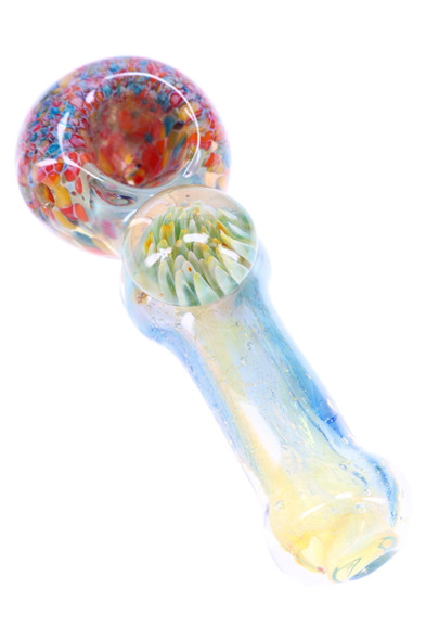Close view of 5" color-changing silver-fumed frit spoon with floral marble accent, yellow-blue stem and multicolor bowl for B2B head-shop listings Close view of 5" color-changing silver-fumed frit spoon with floral marble accent, yellow-blue stem and multicolor bowl for B2B head-shop listings