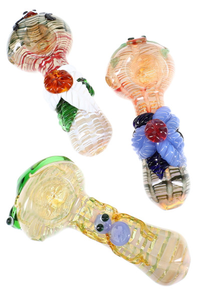 Trio of 5" silver-fumed raked glass spoon pipes with sculpted leaf critters and flower marbles, assorted colors, angled studio view for wholesale buyers Trio of 5" silver-fumed raked glass spoon pipes with sculpted leaf critters and flower marbles, assorted colors, angled studio view for wholesale buyers