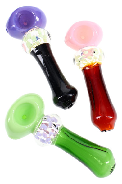 Trio of 5" neon glass spoon pipes for wholesale buyers—purple, pink, and green bowls with clear dotted slime section, top-down product layout. Trio of 5" neon glass spoon pipes for wholesale buyers—purple, pink, and green bowls with clear dotted slime section, top-down product layout.