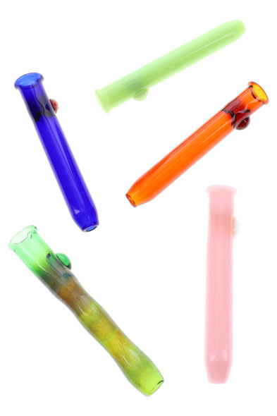 Assorted 3" US-made colored glass chillums with marble grips—green, blue, orange, pink—angled studio layout for wholesale head-shop displays. Assorted 3" US-made colored glass chillums with marble grips—green, blue, orange, pink—angled studio layout for wholesale head-shop displays.