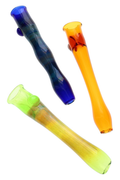 Trio of 4" US-made colored glass chillums with marble grips—blue, amber, and green variants angled on white; wholesale one-hitter display-ready. Trio of 4" US-made colored glass chillums with marble grips—blue, amber, and green variants angled on white; wholesale one-hitter display-ready.