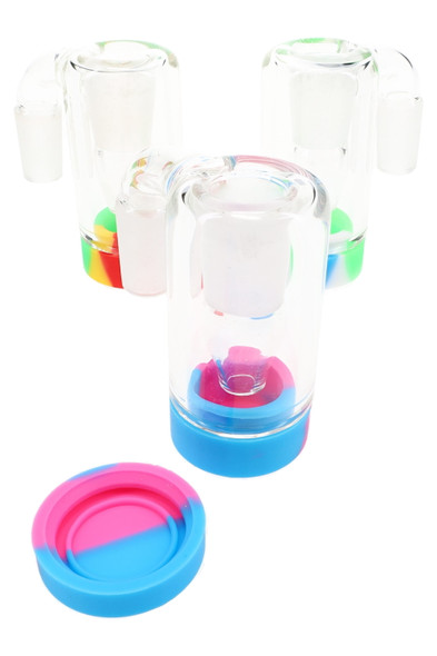 14.5 mm male-to-female 90° glass/silicone wax catcher with colorful base and lid; wholesale dab rig adapter, front group view on white background.