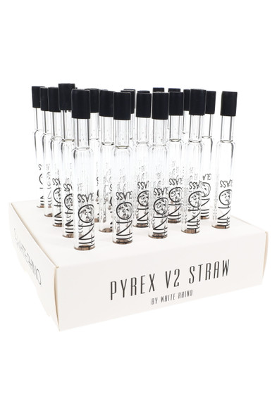 25-piece display of White Rhino Pyrex V2 glass dab straws with black silicone caps; retail tray front view for wholesale merchandising.