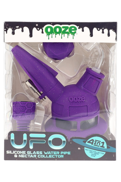 Ultra Purple Ooze UFO silicone/glass 4-in-1 water pipe in shelf-ready window box with included bowl and titanium nail visible, front packaging view for wholesale. Ultra Purple Ooze UFO silicone/glass 4-in-1 water pipe in shelf-ready window box with included bowl and titanium nail visible, front packaging view for wholesale.