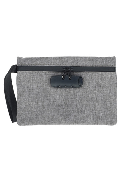 Wholesale gray cloth smell-proof pouch with combination lock and wrist strap, 9.5 x 6.5 in odor-barrier bag front view