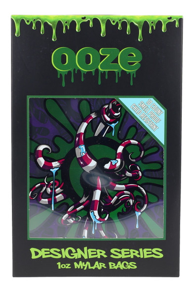Wholesale Ooze Octo Designer Series mylar bags 10-pack, 1-oz smell-proof child-resistant box with purple octopus art