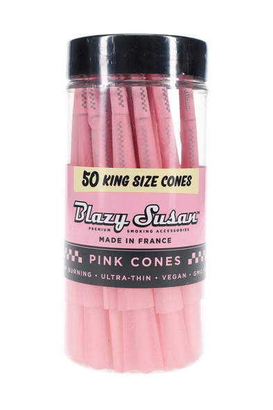 50-count king size pre-rolled paper cones in a clear screw-top jar with black lid, wholesale smoke-shop supply, front-angle product view.