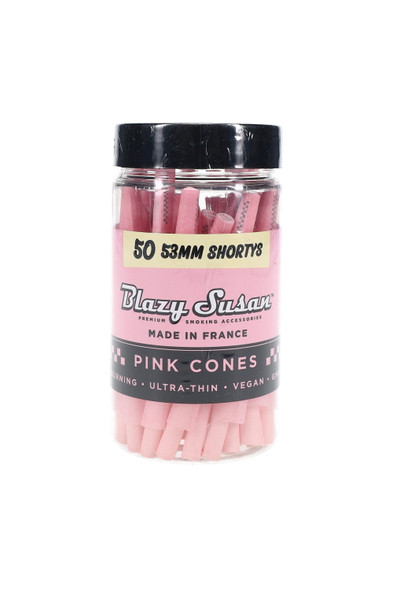 50-count jar of Blazy Susan Shorty pink 53 mm pre-rolled paper cones in clear PET with black lid for wholesale retail display.