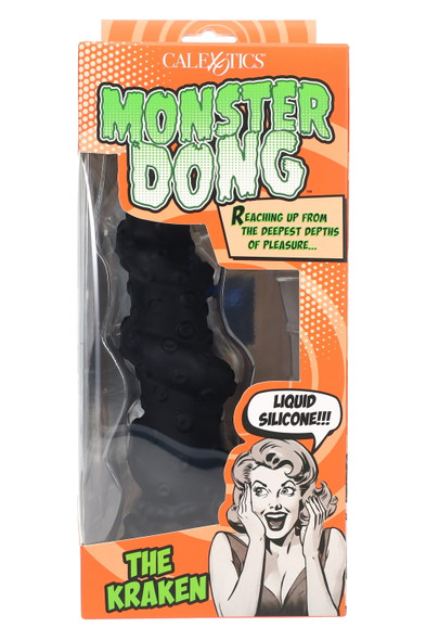Front view of 8" Monster Dong Kraken, black liquid silicone fantasy dildo with suction-cup base and waterproof design for wholesale adult retail.