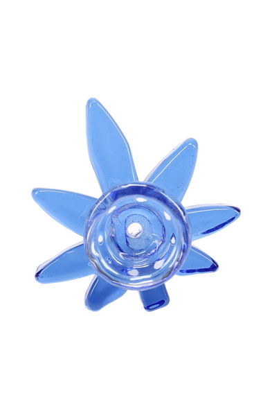 Wholesale 14.5 mm glass leaf bowl slide, overhead view shows eight petal accent with center screen hole for water pipe use