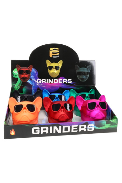 Shelf-ready 6-piece display of French Bulldog zinc-alloy 4-part grinders with dispenser; assorted colors for wholesale counters.
