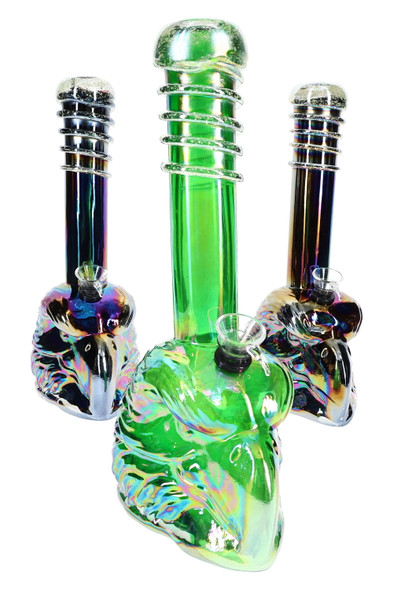 Bulk 11-inch rainbow metallic eagle beaker bong, soft glass body, glow swirl neck, front angle on white background.