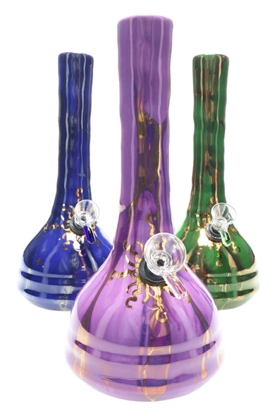 Wholesale 9-inch ceramic water pipes in purple, blue and green glazes with 22 k gold sunburst artwork and beaker bases, front trio showcase view.