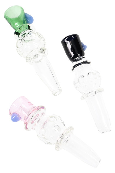 Bulk clear-glass chillums, 4 in length, colored bowl tops and grip rings, trio angled profile on white background for smoke-shop resale.