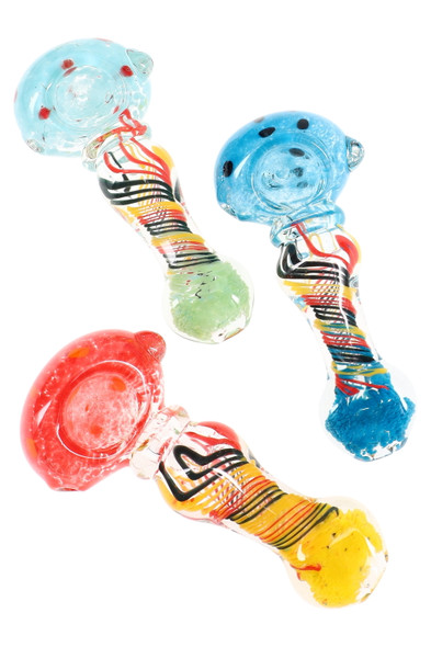 Wholesale clear glass spoon pipes, 4.5 in, frit bowl with multicolor stripes, assorted trio top view on white backdrop.