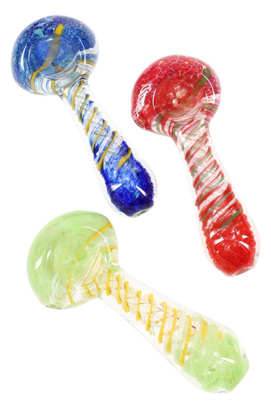 Wholesale 3.5-inch clear glass spoon pipe with silver fumed color-changing frit bowl and multicolor spiral stripes, assorted trio view.