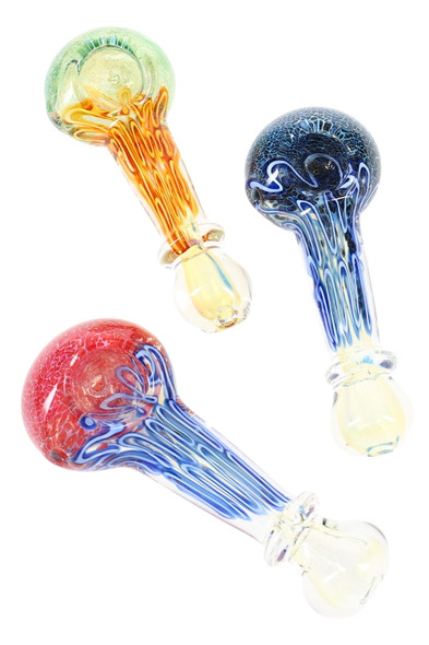 Wholesale 3.5-inch silver-fumed frit glass spoon pipes with multicolor squiggle stripes, assorted trio overhead view for retail smoke-gear buyers.