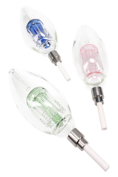 Wholesale glass light bulb dab straw kits with eight-arm tree perc and ceramic tips, 8″ assorted blue/green/pink percs shown in angled trio view.