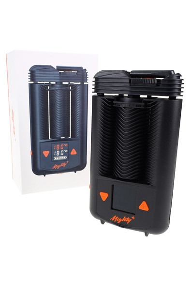 Wholesale Mighty+ dry herb vaporizer with retail box, black ribbed body, LC display and orange buttons, three-quarter front angle.