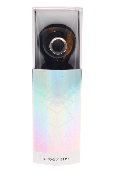 Wholesale Astral Project gemstone spoon pipe in retail box, iridescent sleeve, metal screen bowl visible, front studio view.
